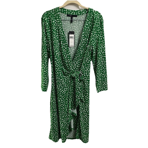 BCBG Maxazria Women Green& White Wrap Dress 3/4 Sleeve Stretch Wedding Sz.  L-NWT